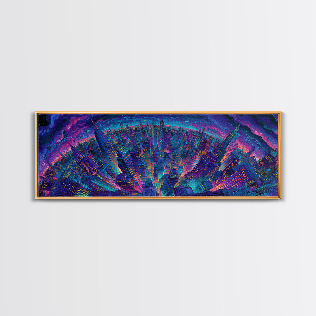 Neon Cyberpunk City Skyline Framed Canvas Print, Futuristic Wall Art, Sci Fi Wall Decor, Gaming Room Art, Urban Home Decor