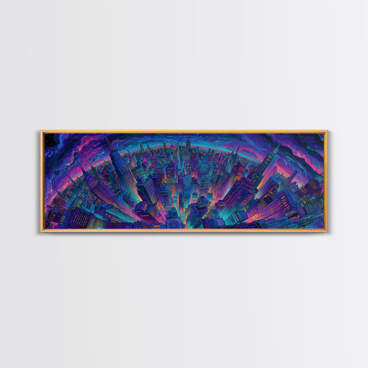 Neon Cyberpunk City Skyline Framed Canvas Print, Futuristic Wall Art, Sci Fi Wall Decor, Gaming Room Art, Urban Home Decor