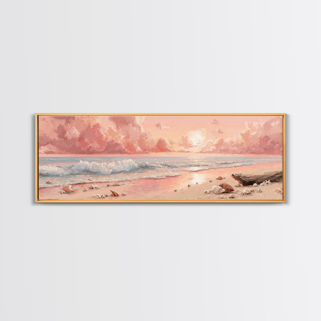 Blush Pink Seashell Beach Sunset Wall Art, Pastel Shore Painting, Coastal Ocean Canvas Decor, Beach House Nursery Decor Gift