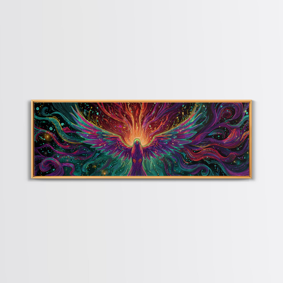 Fiery Rainbow Phoenix Canvas Print, Colorful Fantasy Bird Wall Art, Mythical Creature Decor, Magical Living Room Art, Unique Gift