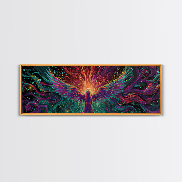 Fiery Rainbow Phoenix Canvas Print, Colorful Fantasy Bird Wall Art, Mythical Creature Decor, Magical Living Room Art, Unique Gift