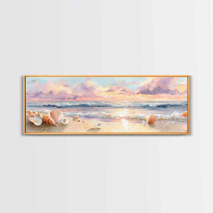 Pastel Seashell Beach Canvas Print, Soft Ocean Wave Shore Painting, Coastal Wall Art, Beach House Bathroom Home Decor Gift