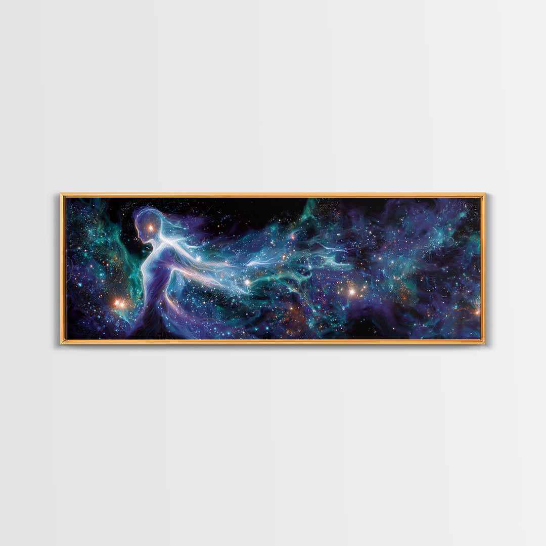 Cosmic Goddess Figure Drifting Through Stars Framed Canvas Print, Celestial Wall Art For Meditation Room Decor And Spiritual Gift