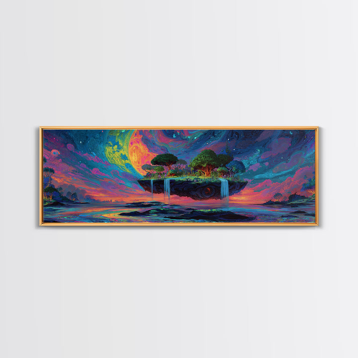 Floating Island Waterfalls Canvas Print, Crescent Moon Fantasy Seascape, Celestial Wall Art For Bedroom Or Living Room Decor
