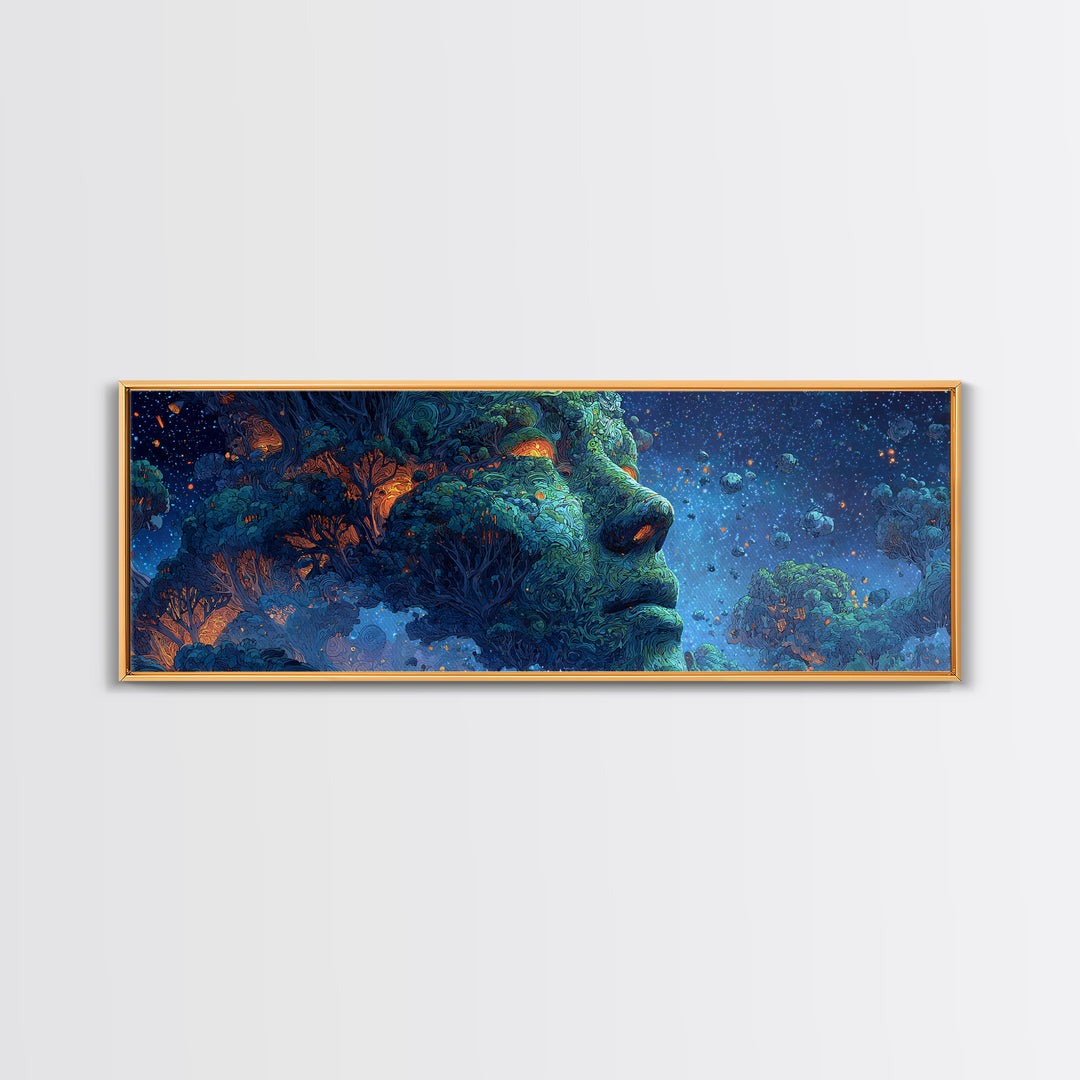 Cosmic Forest Goddess Face Wall Art, Surreal Nature Canvas Print, Mystical Celestial Decor, Psychedelic Large Statement Art