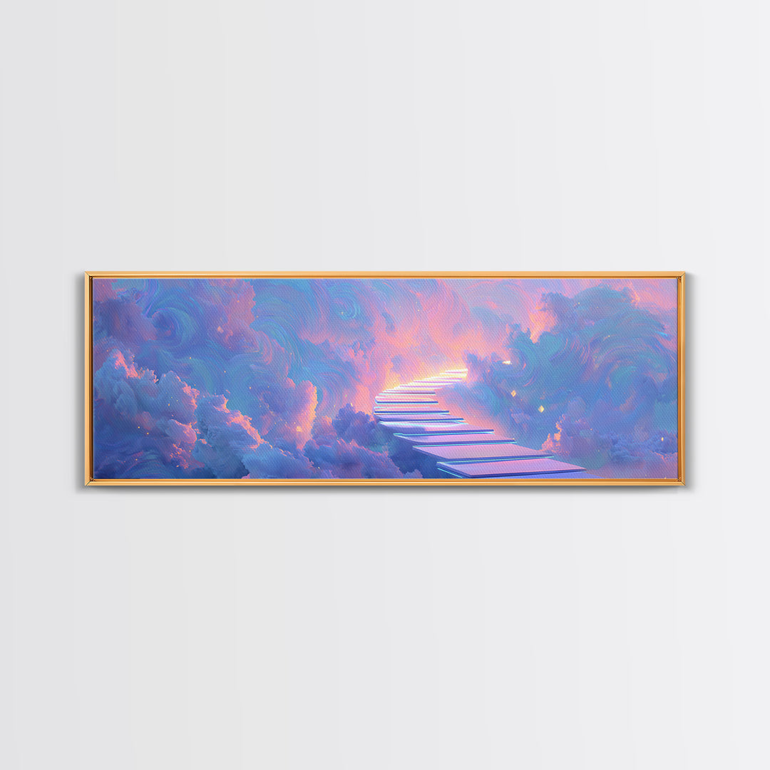 Pastel Stairway To Heaven Framed Canvas Print, Dreamy Cloudscape Wall Art, Fantasy Celestial Bedroom Decor, Gift For Her