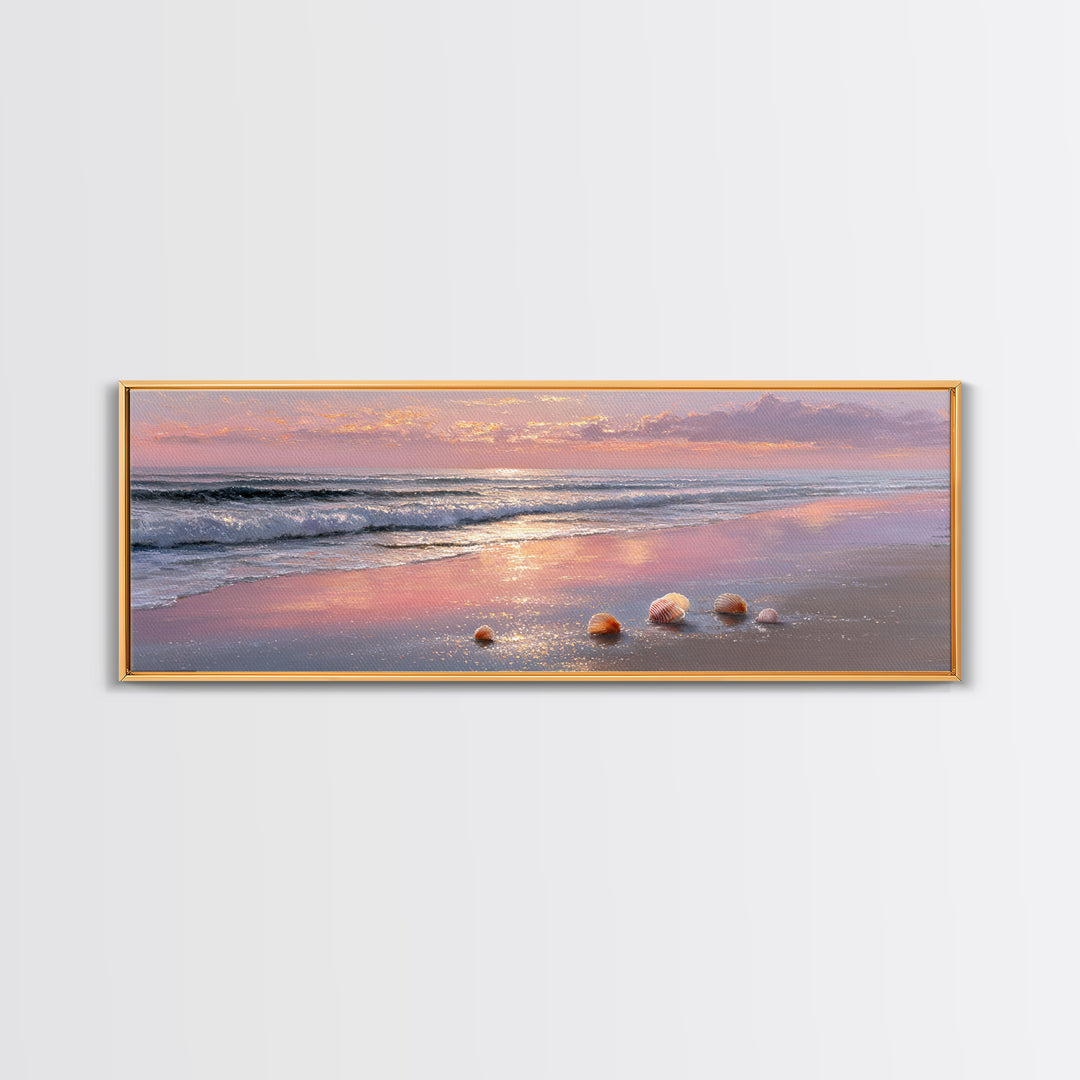 Sunset Ocean Shells Framed Canvas Print, Shimmering Beach Seascape, Coastal Wall Art For Bedroom And Beach House Decor Gift