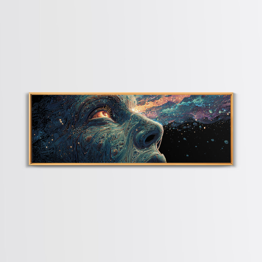 Cosmic Wolf Portrait With Galaxy Eye Wall Art, Large Panoramic Psychedelic Animal Canvas, Space Decor, Celestial Gift For Him