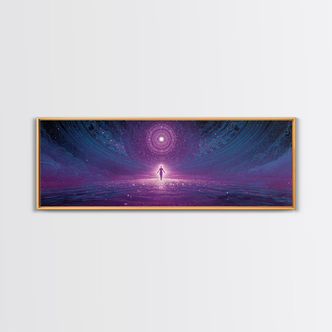 Cosmic Figure Before Celestial Portal Wall Art, Surreal Space Canvas Print, Mystical Purple Meditation Room Decor Gift For Her