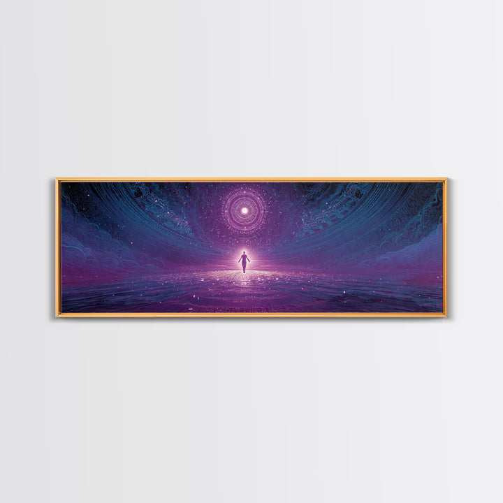 Cosmic Figure Before Celestial Portal Wall Art, Surreal Space Canvas Print, Mystical Purple Meditation Room Decor Gift For Her