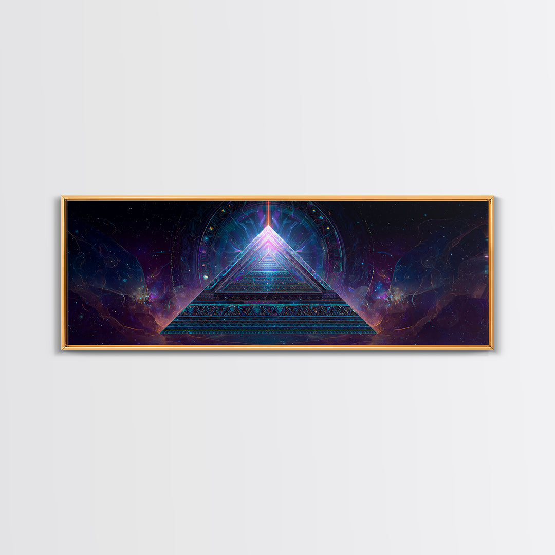 Glowing Sacred Geometry Pyramid Framed Canvas Print, Cosmic Spiritual Wall Art For Meditation Room And Modern Office Decor