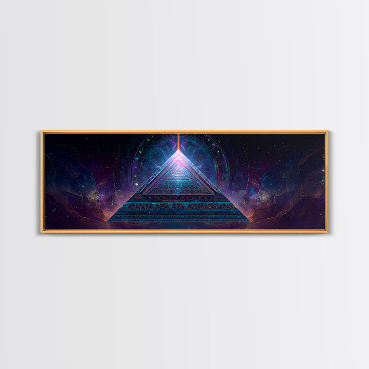 Glowing Sacred Geometry Pyramid Framed Canvas Print, Cosmic Spiritual Wall Art For Meditation Room And Modern Office Decor