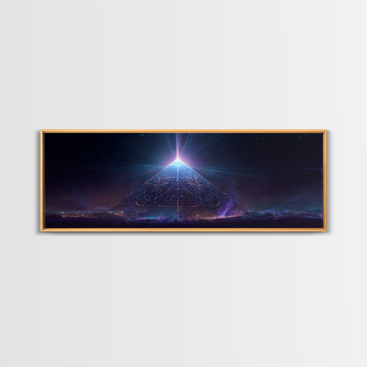 Glowing Cosmic Pyramid Wall Art, Futuristic Celestial Space Print, Mystical Sacred Geometry Decor, Framed Canvas Print For Office Decor