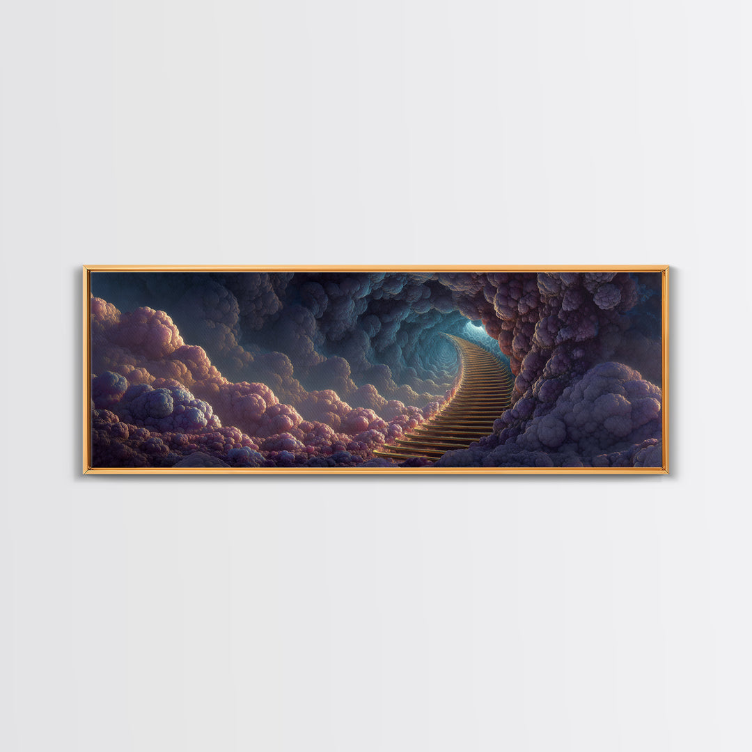 Moody Cloud Stairway Framed Canvas Print, Fantasy Heaven Wall Art, Dreamy Celestial Landscape, Calming Bedroom Wall Decor