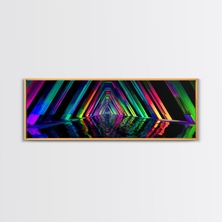 Neon Geometric Tunnel Reflection Canvas Print, Cyberpunk Wall Art, Futuristic Abstract Art, Gaming Room Decor, Vaporwave Poster