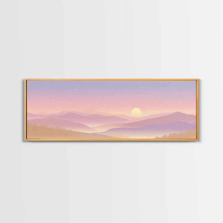 Pastel Mountain Moon Wall Art, Minimalist Sunset Landscape, Celestial Nursery Print, Calming Soft Pink Bedroom Home Decor Gift
