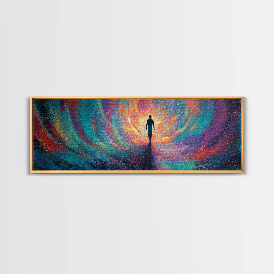Silhouette Walking Into Rainbow Vortex Wall Art, Abstract Psychedelic Art Print, Meditation Decor, Modern Canvas Print For Living Room