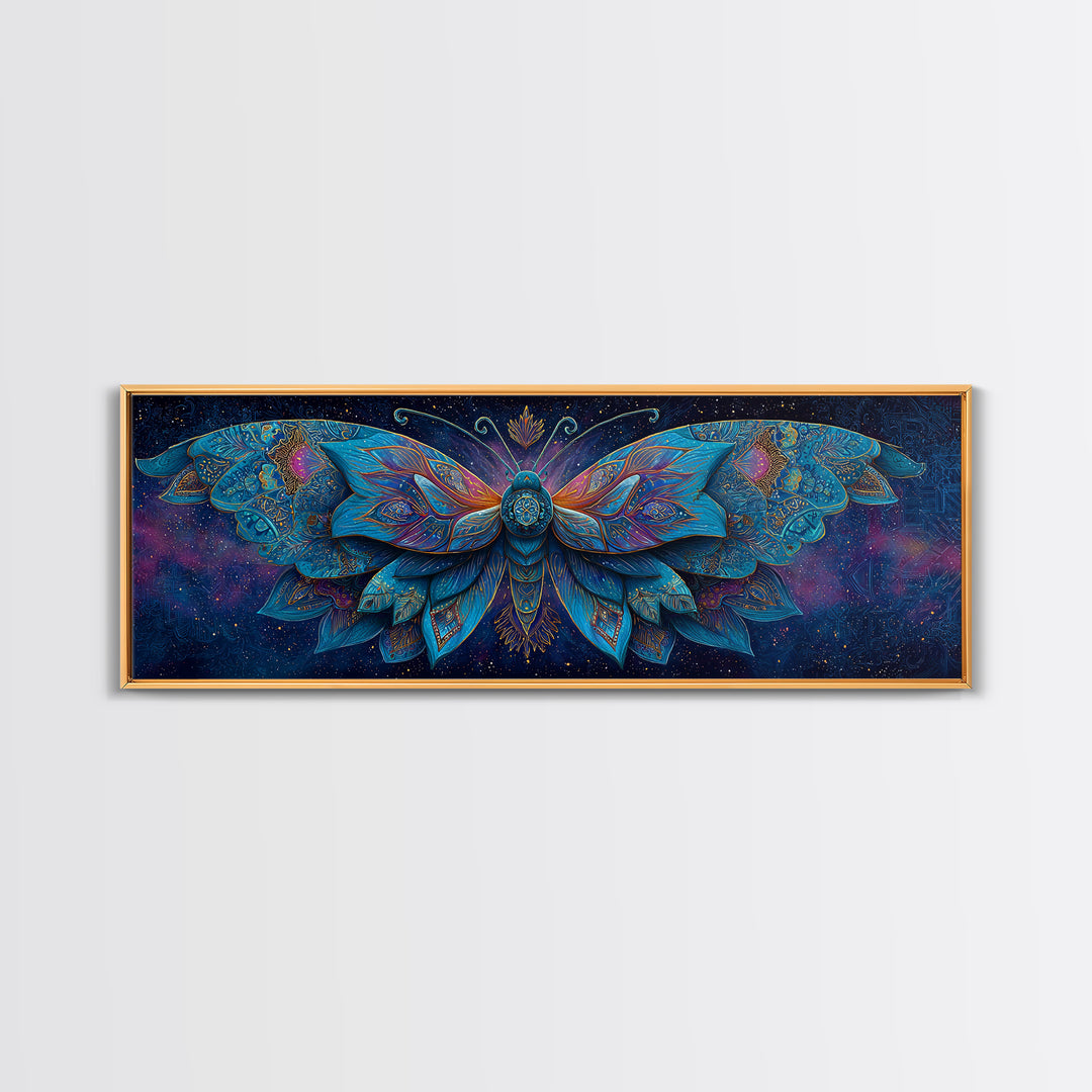 Celestial Blue Moth With Jeweled Wings Framed Canvas Print, Mystical Wall Art For Bedroom Decor And Gift For Her, Boho Celestial Home Decor