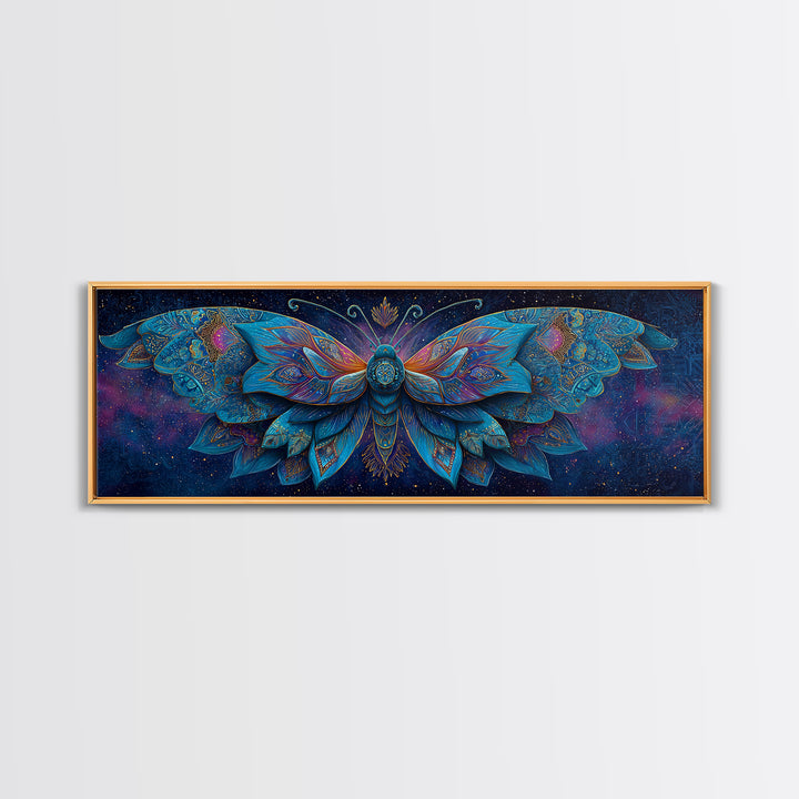 Celestial Blue Moth With Jeweled Wings Framed Canvas Print, Mystical Wall Art For Bedroom Decor And Gift For Her, Boho Celestial Home Decor