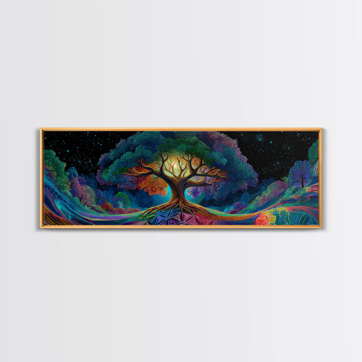 Glowing Tree Of Life Under Starry Sky Framed Canvas Print, Mystical Nature Wall Art For Boho Home Decor And Bedroom Decor