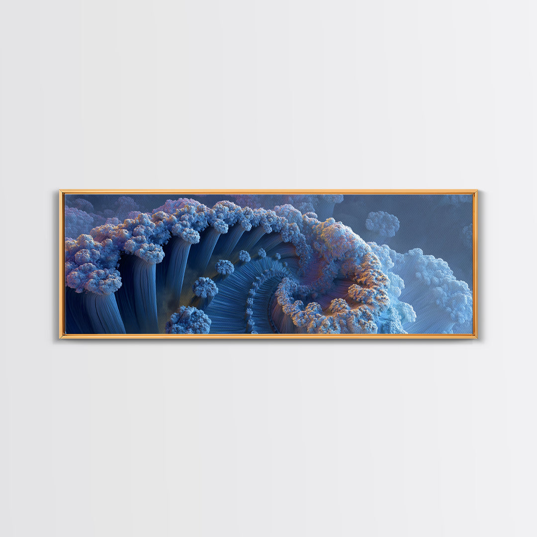 Blue Fractal Ocean Wave And Frozen Spiral Canvas Print, Abstract Seascape Wall Art For Modern Coastal Living Room Home Decor