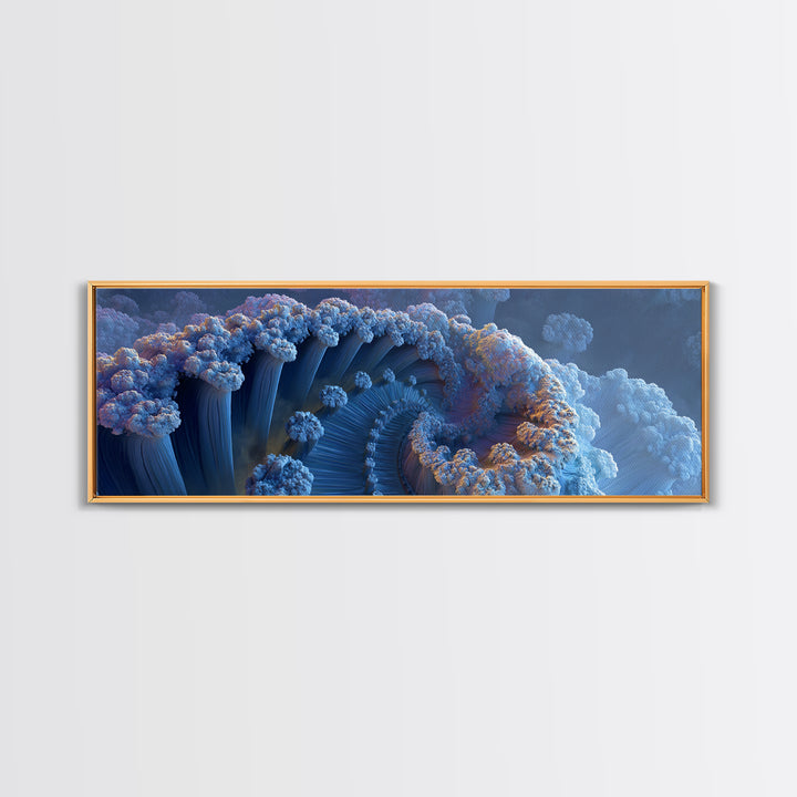 Blue Fractal Ocean Wave And Frozen Spiral Canvas Print, Abstract Seascape Wall Art For Modern Coastal Living Room Home Decor