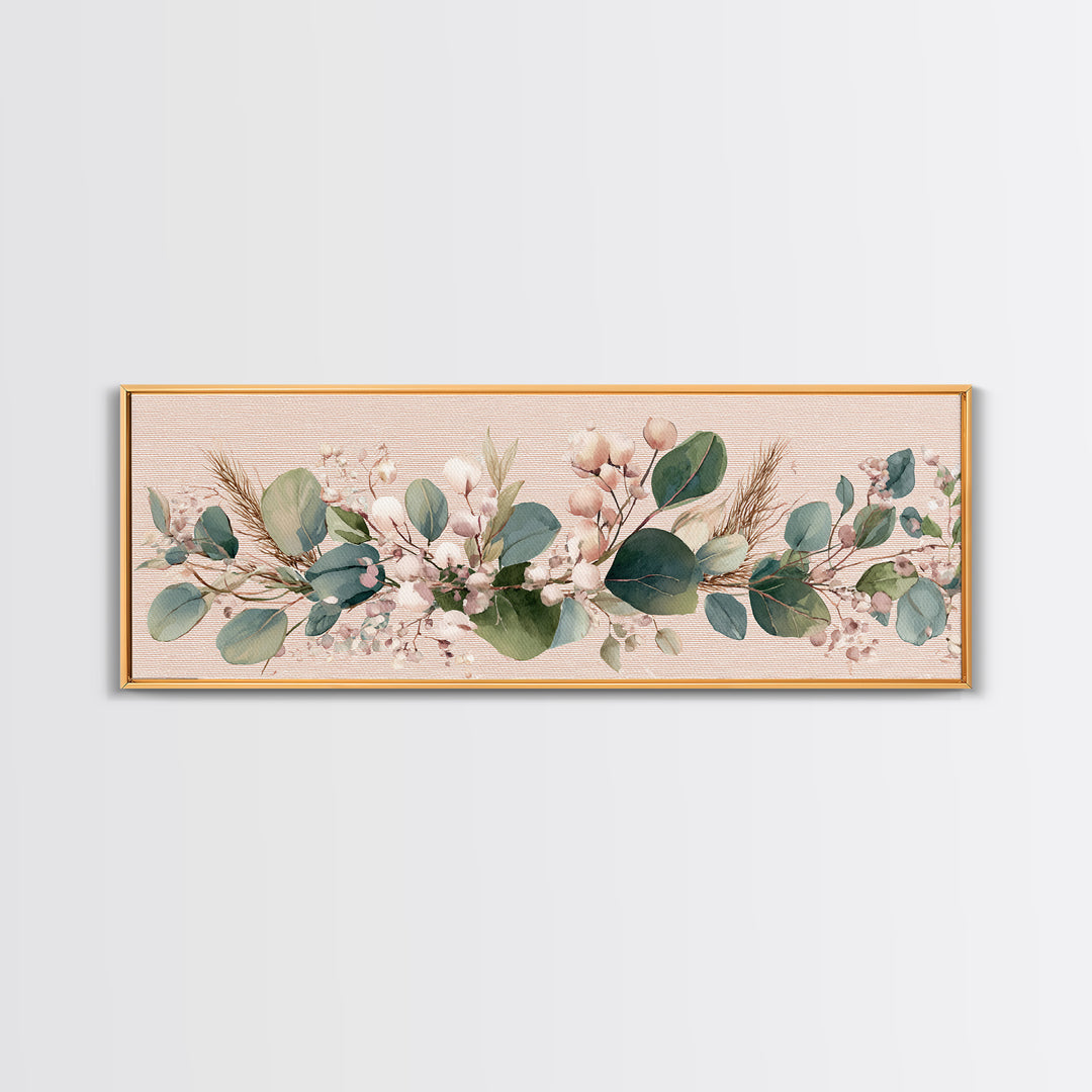 Eucalyptus Cotton Floral Garland Framed Canvas Print, Sage Green Wall Art, Boho Nursery Decor, Farmhouse Home Gift For Her