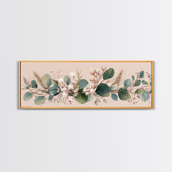 Eucalyptus Cotton Floral Garland Framed Canvas Print, Sage Green Wall Art, Boho Nursery Decor, Farmhouse Home Gift For Her