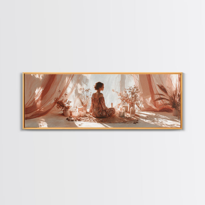 Boho Woman Candle Meditation Wall Art, Blush Drapery Sanctuary, Feminine Bedroom Decor, Spiritual Canvas, Gift For Her Print
