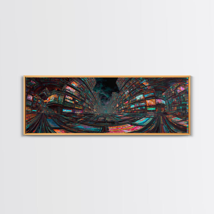 Neon Cyberpunk City With Glitch Streets Framed Canvas Print, Futuristic Wall Art For Gaming Room Decor And Office Decor, Gift For Him