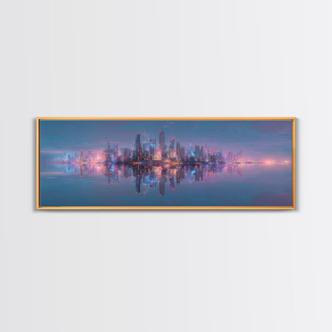 Neon Futuristic Skyline Reflection Wall Art, Panoramic Canvas Print, Cyberpunk Cityscape, Modern Living Room Decor, Large Horizontal Art