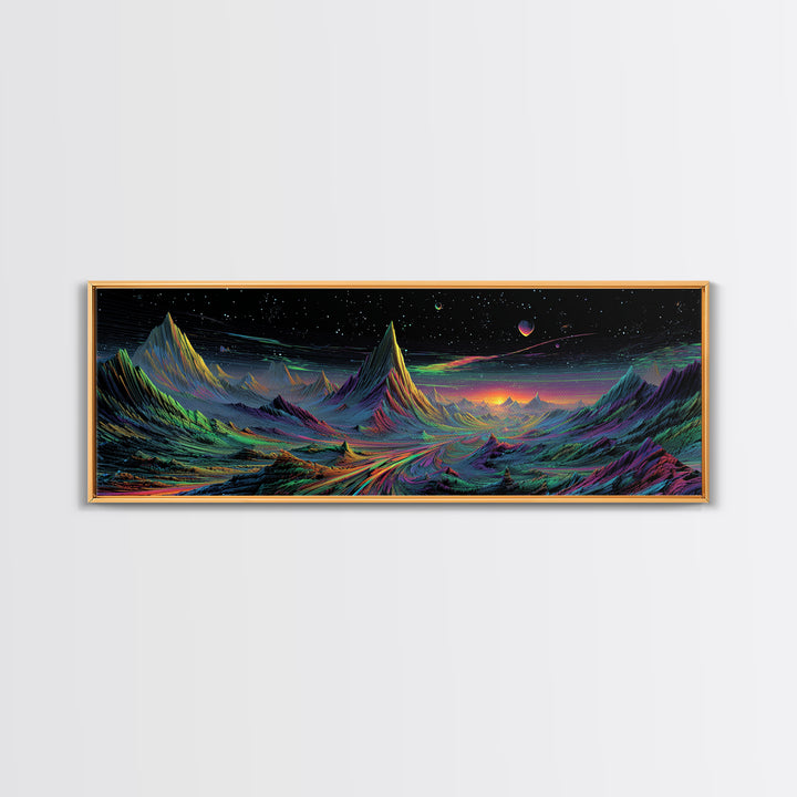 Alien Mountain Road Under Stars Wall Art, Psychedelic Space Landscape, Sci Fi Decor, Panoramic Canvas, Vaporwave Gamer Room Print