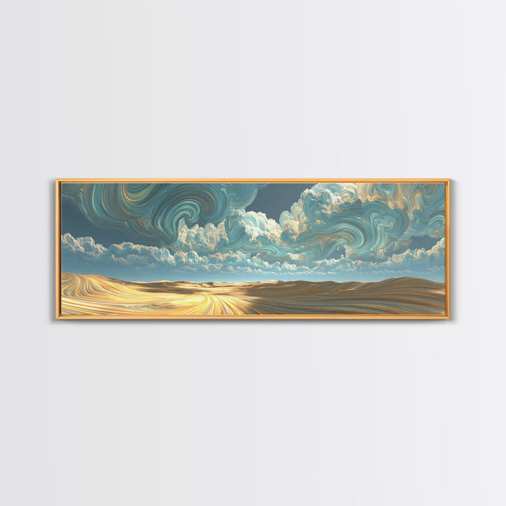Surreal Golden Desert Under Swirling Clouds Canvas Print, Panoramic Landscape Wall Art For Modern Living Room Decor, Housewarming Gift