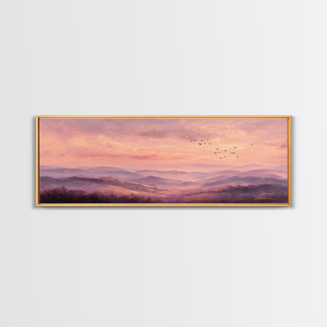 Misty Pink Mountain Landscape Wall Art, Romantic Sunrise Canvas Print, Large Horizontal Living Room Decor, Nature Gift Print