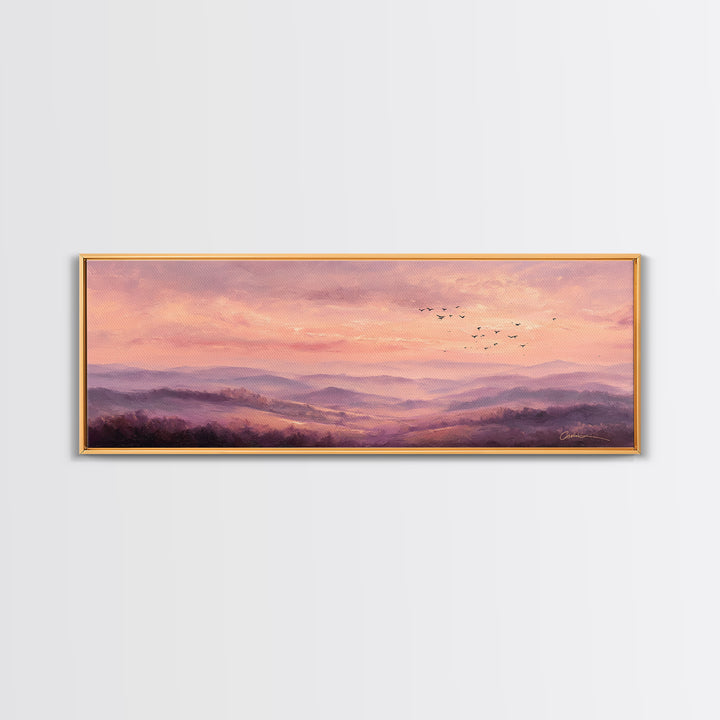 Misty Pink Mountain Landscape Wall Art, Romantic Sunrise Canvas Print, Large Horizontal Living Room Decor, Nature Gift Print