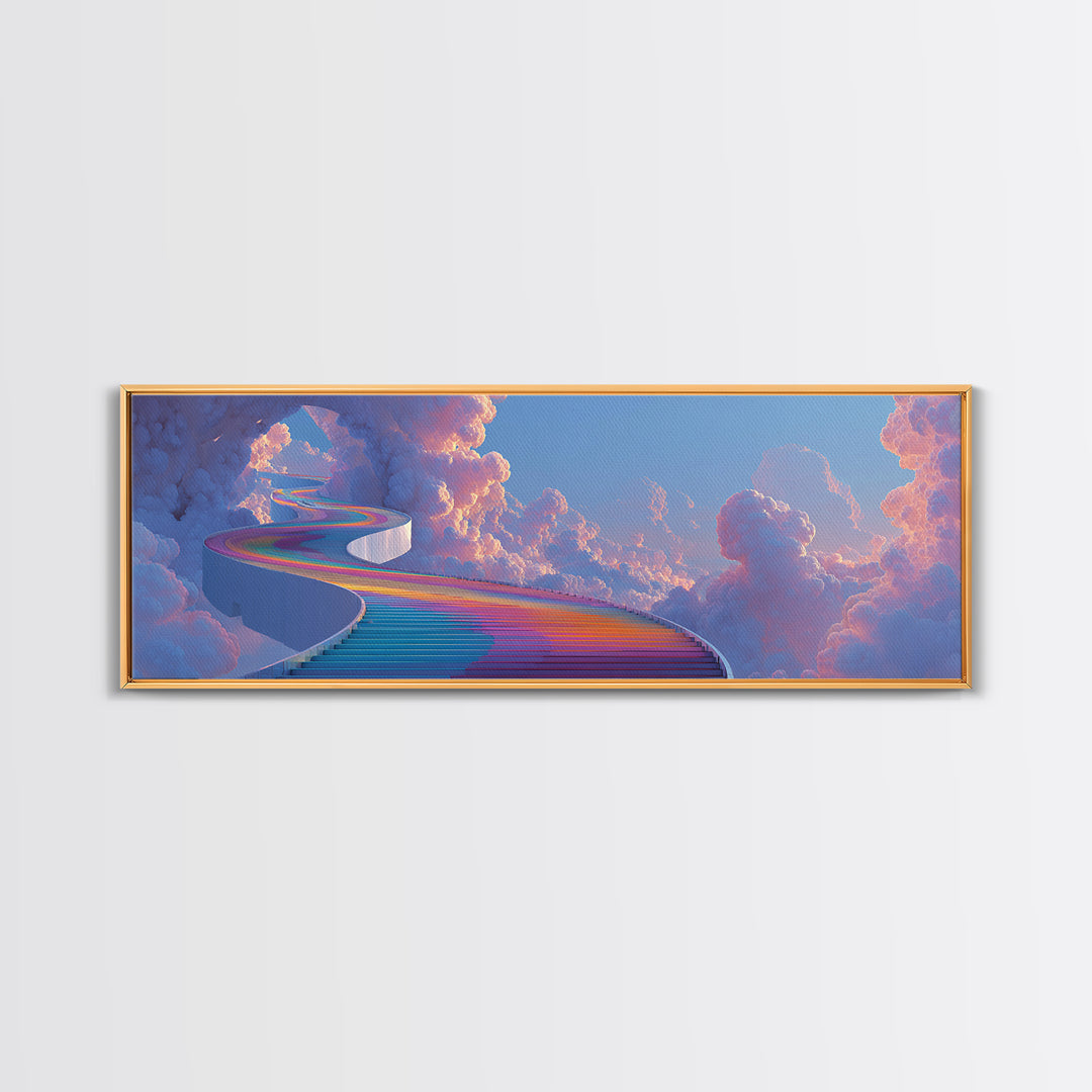 Rainbow Stairway Through Clouds Wall Art, Dreamy Celestial Fantasy Print, Pastel Whimsical Decor, Framed Canvas Print For Nursery