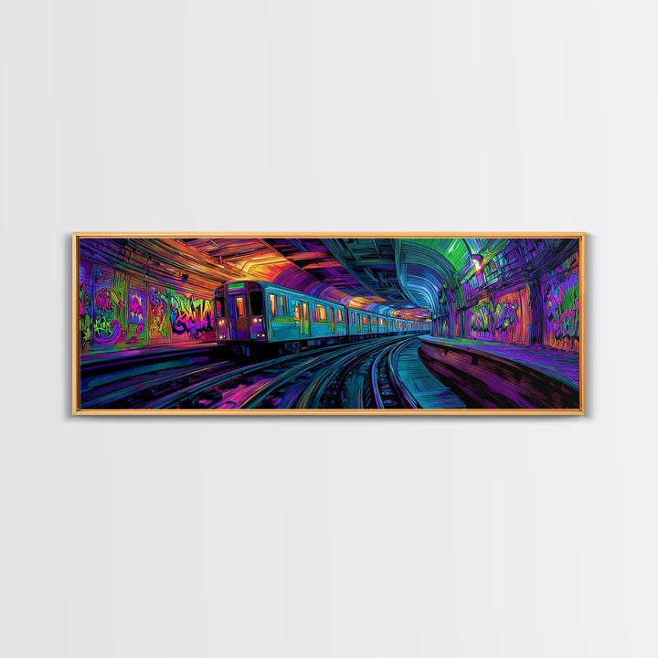 Neon Graffiti Subway Canvas Print, Urban Street Art Train, Cyberpunk Wall Decor, Gaming Room Art, Modern Wall Art Gift For Him