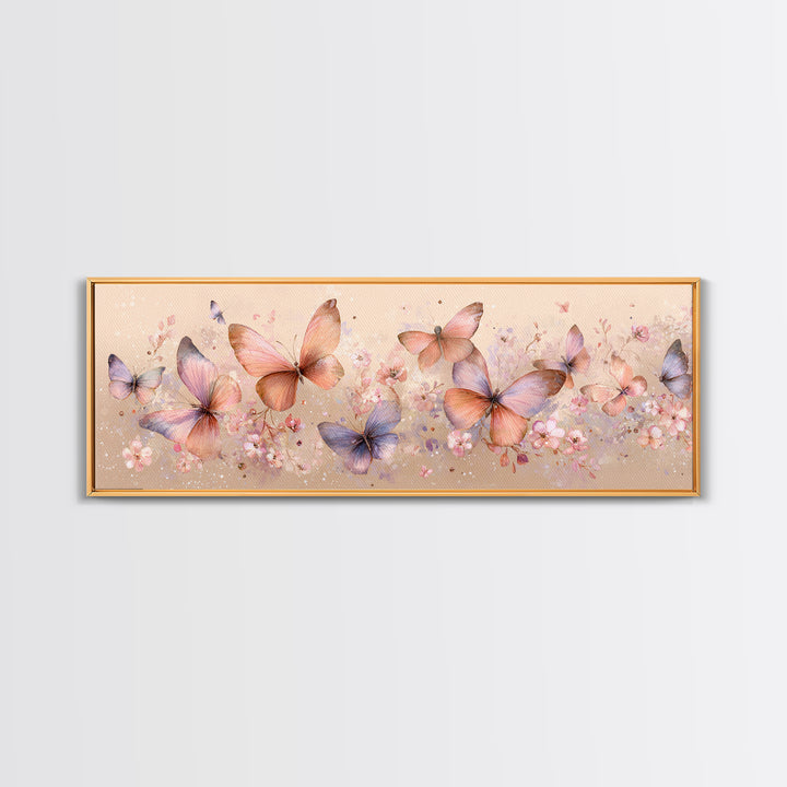 Pastel Butterfly Garden Wall Art, Soft Floral Canvas Print, Feminine Nursery Decor, Spring Bedroom Art, Gift For Her Print