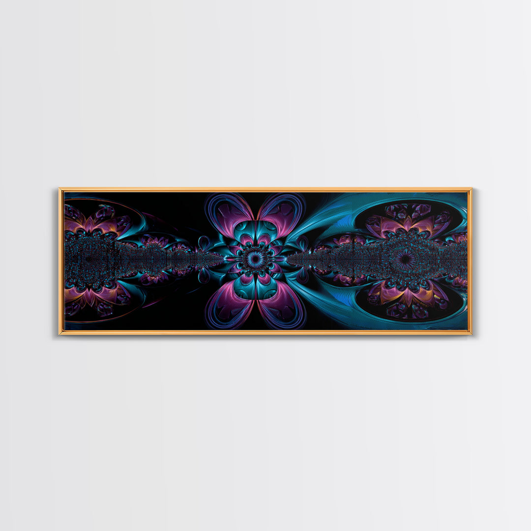 Neon Fractal Flower Mandala Wall Art, Symmetrical Psychedelic Canvas, Teal And Purple Abstract Decor, Meditation Room Print