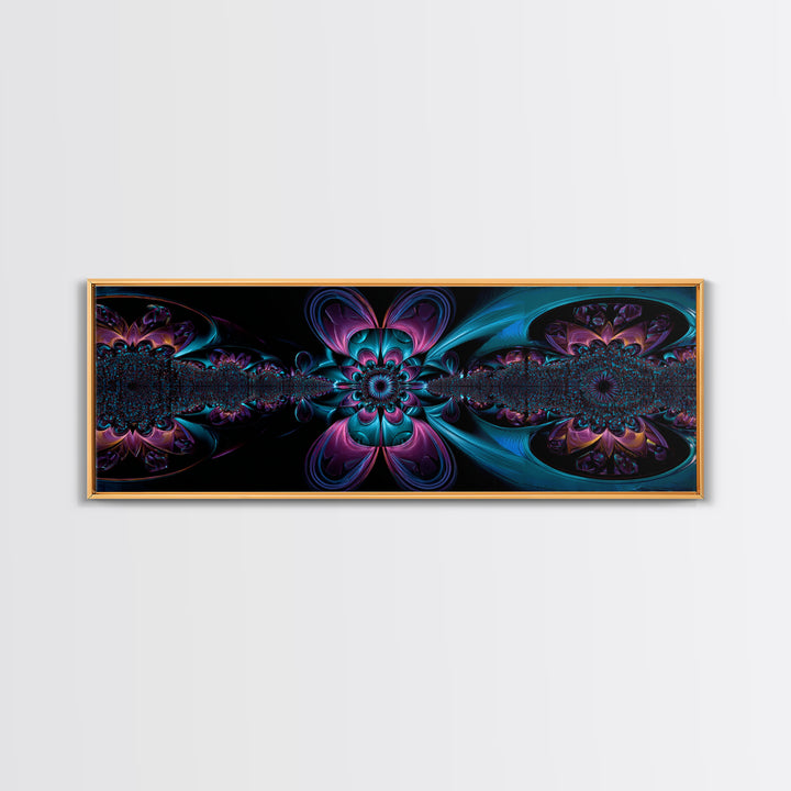 Neon Fractal Flower Mandala Wall Art, Symmetrical Psychedelic Canvas, Teal And Purple Abstract Decor, Meditation Room Print