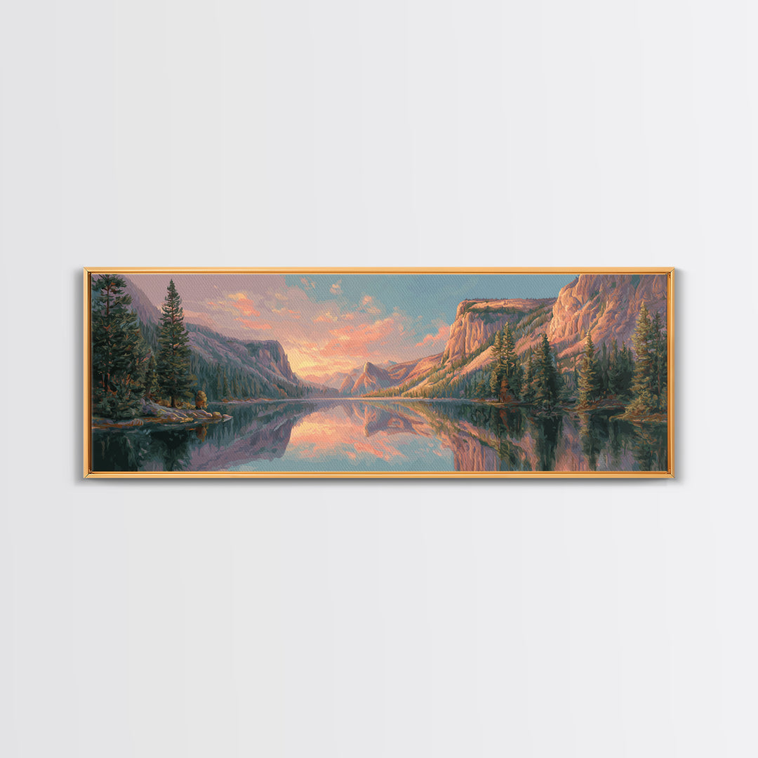 Serene Mountain Lake Sunset Wall Art, Panoramic Landscape Canvas Print, Rustic Nature Decor For Living Room And Cabin Home Decor