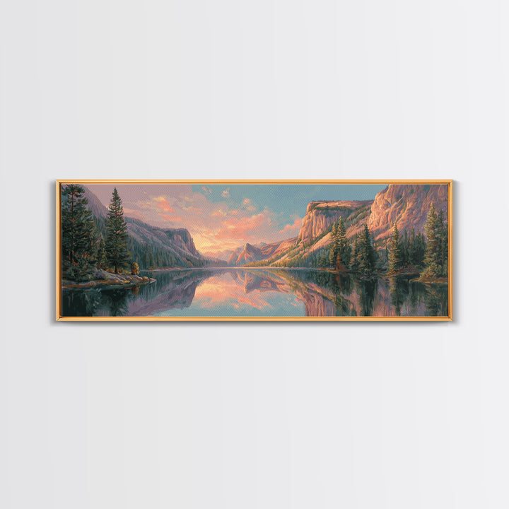 Serene Mountain Lake Sunset Wall Art, Panoramic Landscape Canvas Print, Rustic Nature Decor For Living Room And Cabin Home Decor