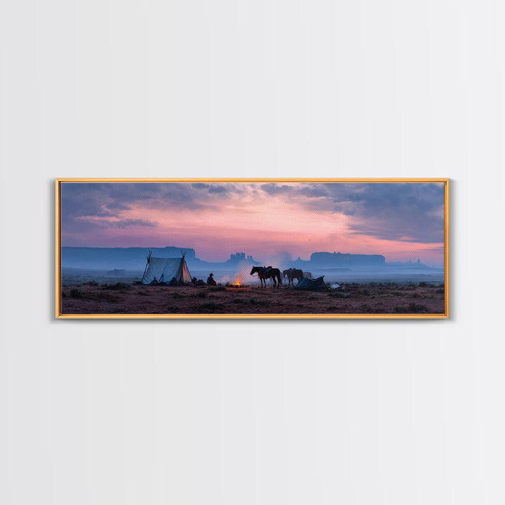 Western Desert Camp With Horses Framed Canvas Print, Cowboy Sunset Landscape, Southwestern Wall Art, Rustic Western Home Decor