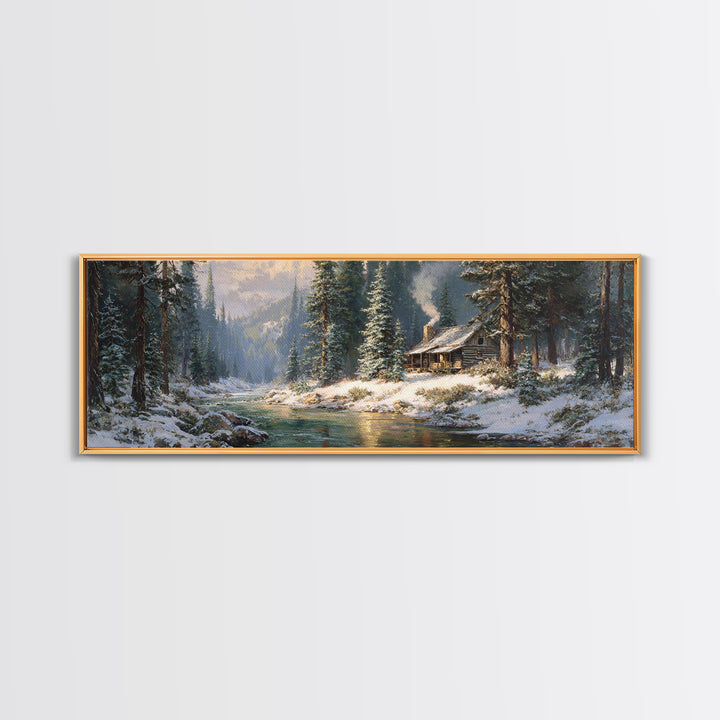 Snowy Cabin River Framed Canvas Print, Winter Forest Landscape Wall Art, Rustic Home Decor, Lake House Gift For Living Room Decor