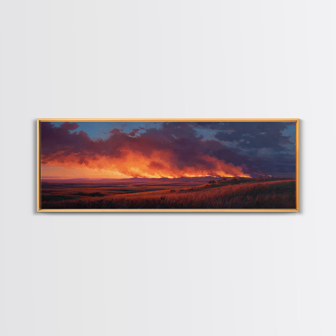 Wildfire Prairie Sunset Wall Art, Dramatic Grassland Landscape, Moody Rustic Decor, Western Canvas Print, Large Horizontal Art