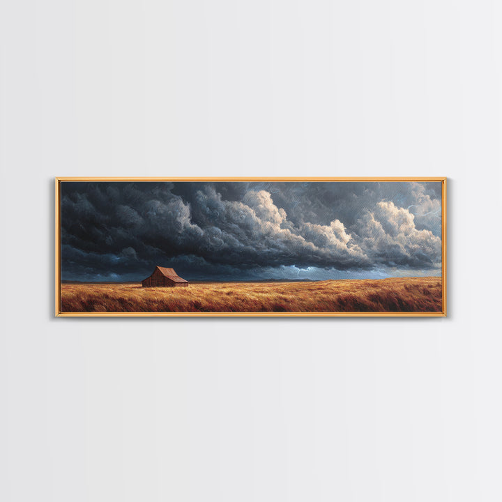 Stormy Prairie Barn Wall Art, Rustic Farmhouse Landscape Painting, Moody Country Decor, Large Horizontal Framed Canvas Print