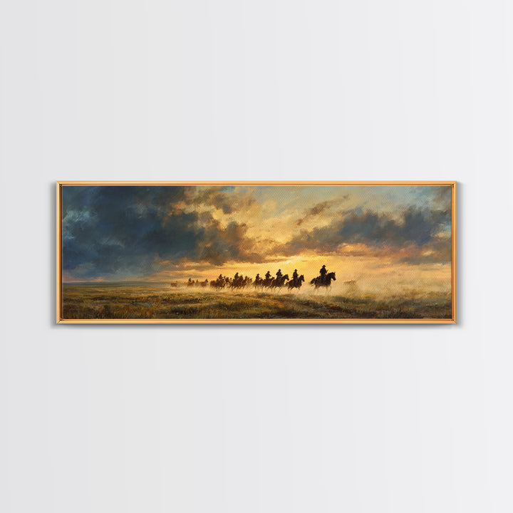 Galloping Cowboys At Sunset Framed Canvas Print, Western Horse Landscape Wall Art, Rustic Ranch Decor, Moody Prairie Painting