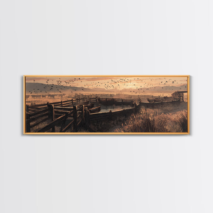Sepia Ranch Corral Sunset Framed Canvas Print, Western Wall Art, Rustic Farmhouse Decor, Cowboy Landscape, Housewarming Gift