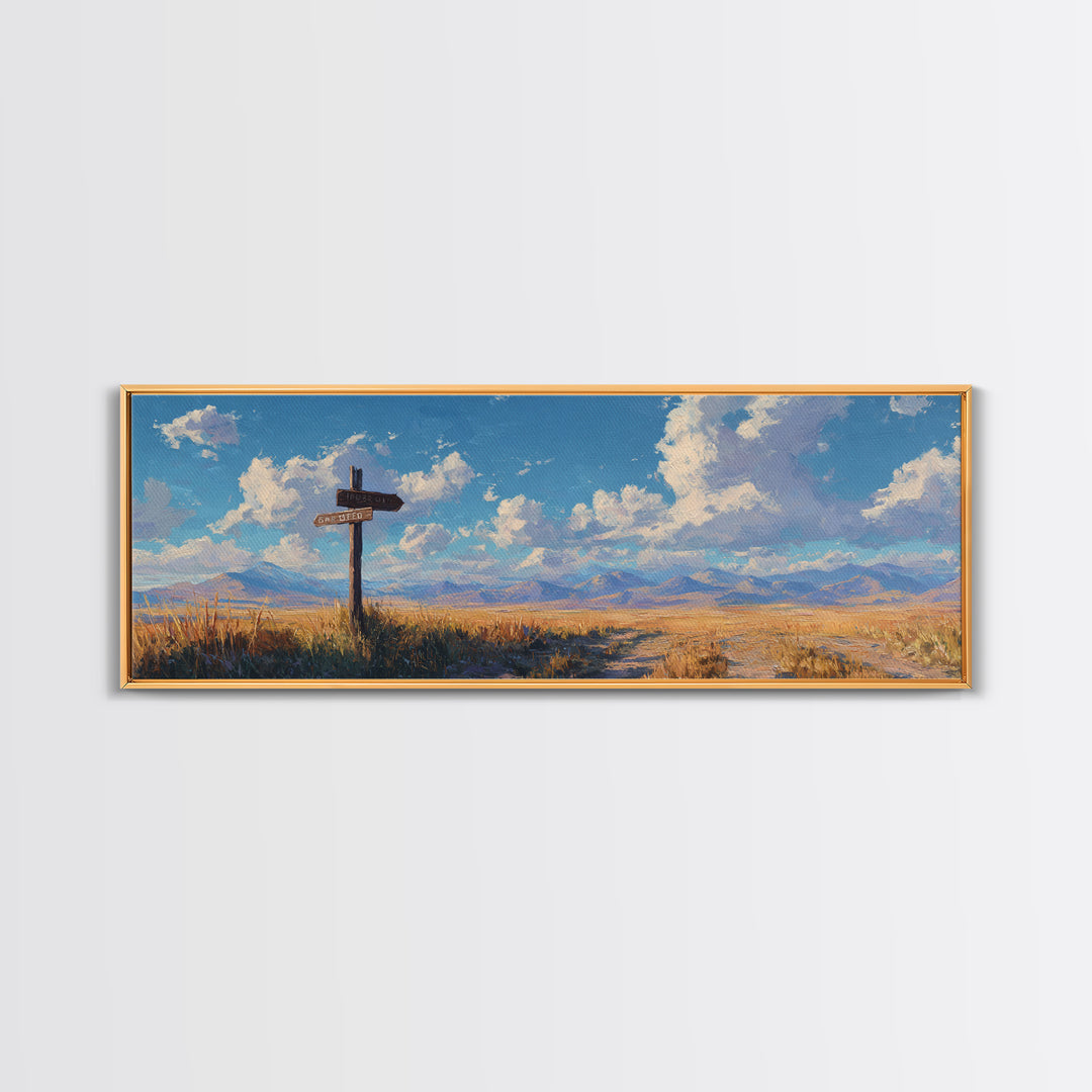 Sunlit Prairie Signpost And Mountain Meadow Wall Art, Rustic Country Landscape Canvas Print, Farmhouse Decor, Open Range Gift