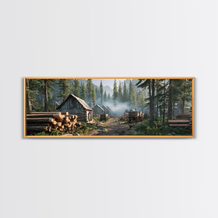 Rustic Logging Camp In Pine Forest Canvas Print, Large Cabin Wall Art, Woodland Landscape, Farmhouse Decor, Nature Lover Gift